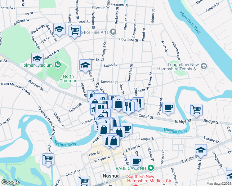 map of restaurants, bars, coffee shops, grocery stores, and more near 8 Foster Court in Nashua
