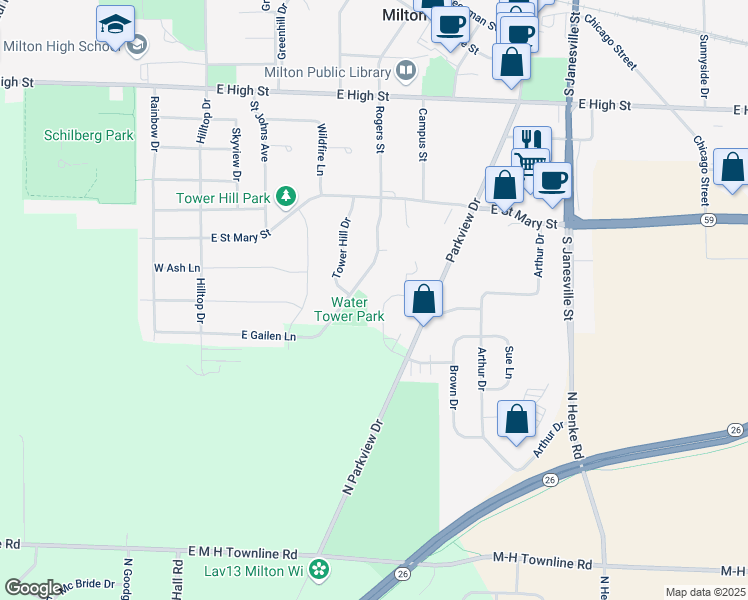 map of restaurants, bars, coffee shops, grocery stores, and more near 392 Woodcrest Lane in Milton