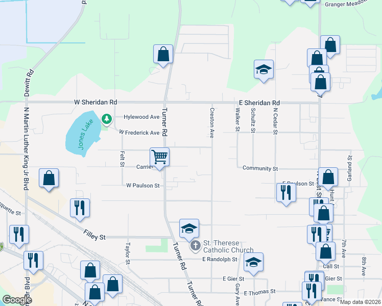map of restaurants, bars, coffee shops, grocery stores, and more near 123 West Fairfield Avenue in Lansing