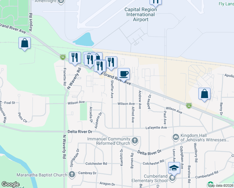 map of restaurants, bars, coffee shops, grocery stores, and more near 3225 Westmont Avenue in Lansing