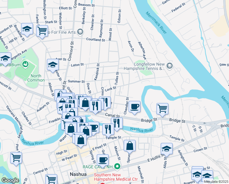 map of restaurants, bars, coffee shops, grocery stores, and more near 92 Tolles Street in Nashua