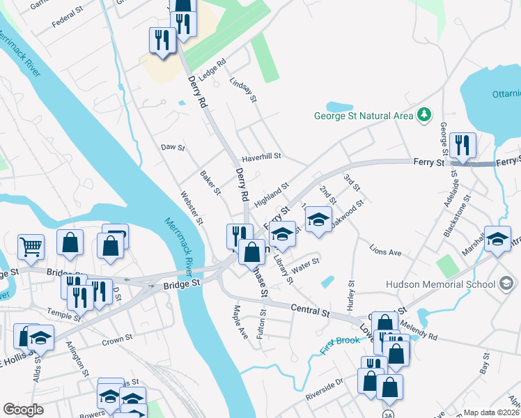 map of restaurants, bars, coffee shops, grocery stores, and more near 3 Highland Street in Hudson