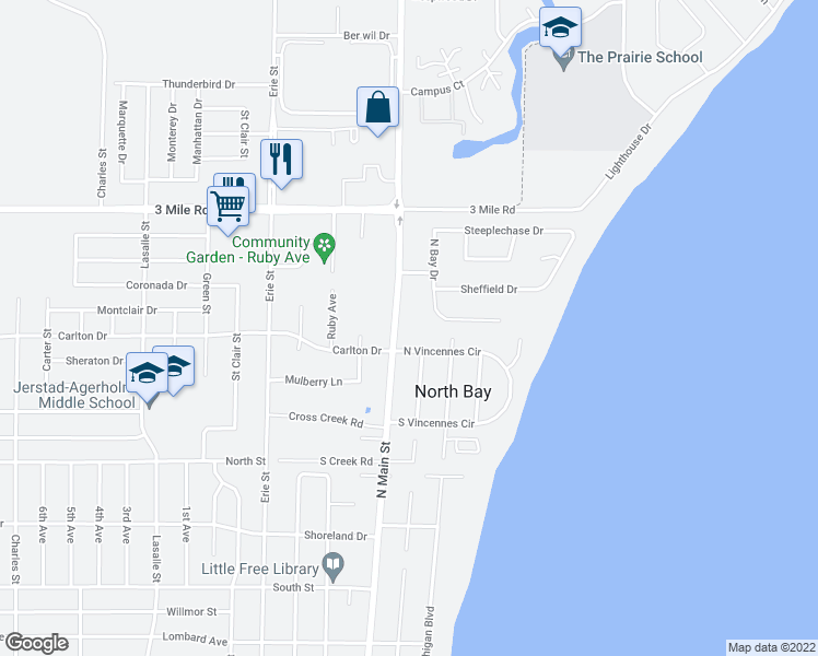 map of restaurants, bars, coffee shops, grocery stores, and more near 3715 North Main Street in Racine