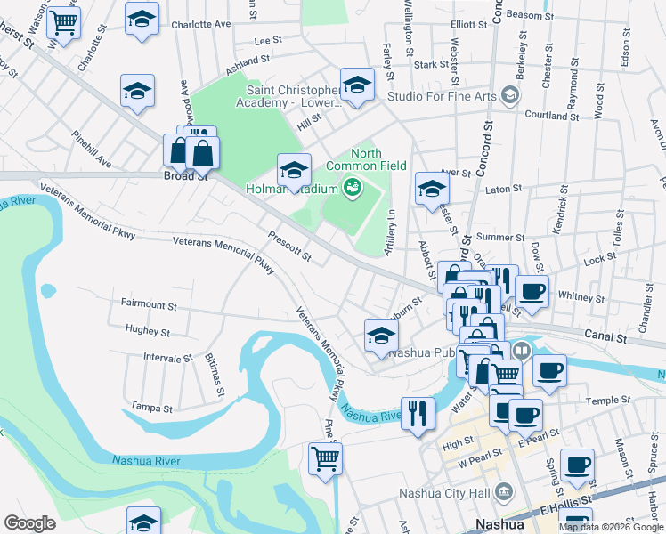 map of restaurants, bars, coffee shops, grocery stores, and more near 4 1/2 Bruce Street in Nashua