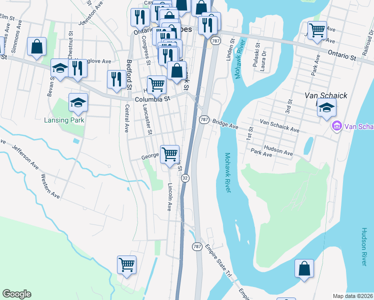 map of restaurants, bars, coffee shops, grocery stores, and more near 296 Saratoga Street in Cohoes