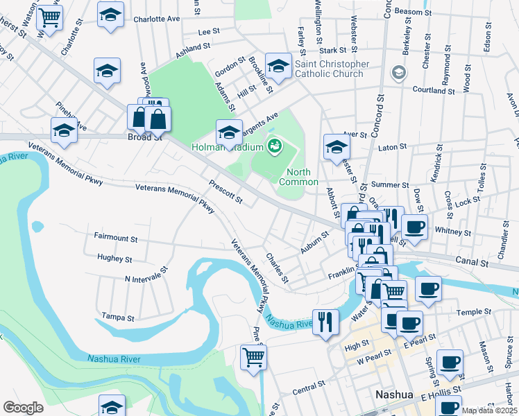 map of restaurants, bars, coffee shops, grocery stores, and more near 4 1/2 Bruce Street in Nashua