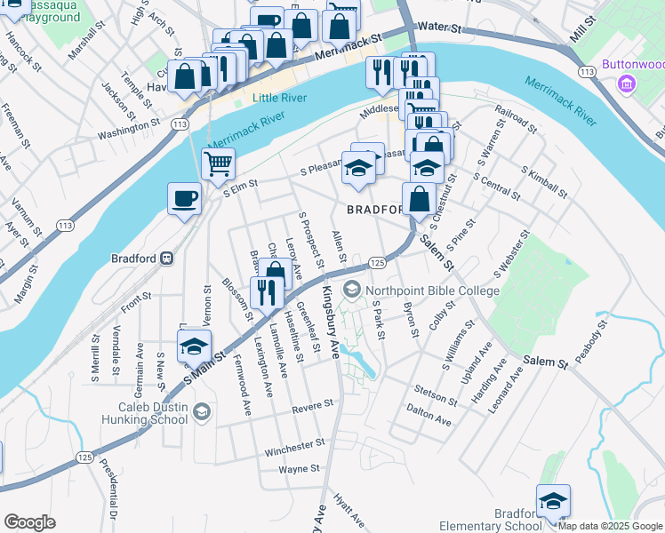 map of restaurants, bars, coffee shops, grocery stores, and more near 333 Massachusetts 125 in Haverhill
