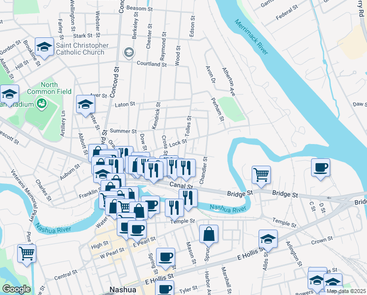 map of restaurants, bars, coffee shops, grocery stores, and more near 92 Tolles Street in Nashua