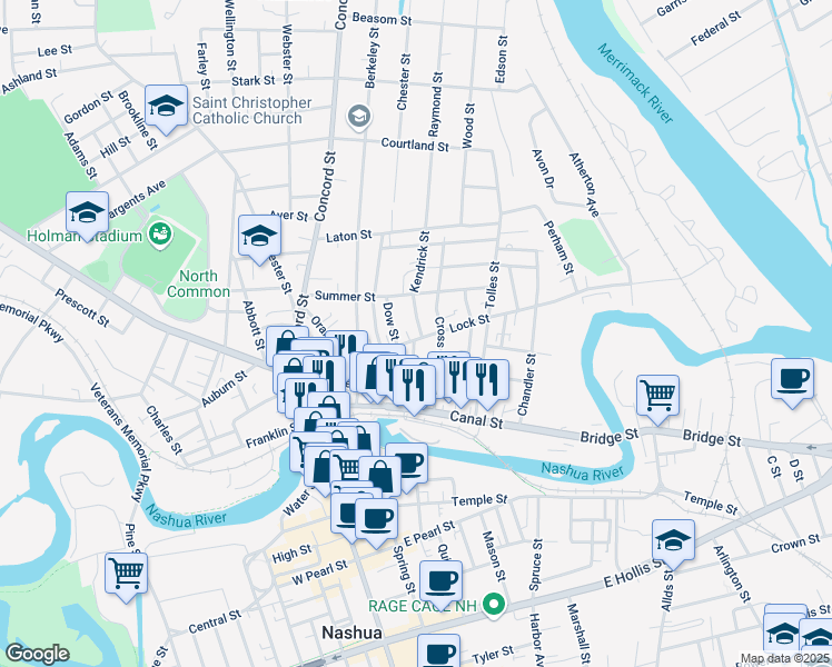map of restaurants, bars, coffee shops, grocery stores, and more near 40 Lock Street in Nashua