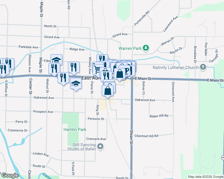 map of restaurants, bars, coffee shops, grocery stores, and more near 44 Elm Street in East Aurora