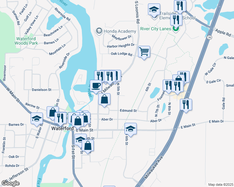 map of restaurants, bars, coffee shops, grocery stores, and more near 237 North Milwaukee Street in Waterford