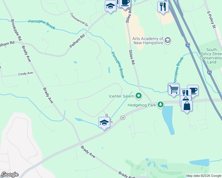 map of restaurants, bars, coffee shops, grocery stores, and more near 56 Porcupine Circle in Salem
