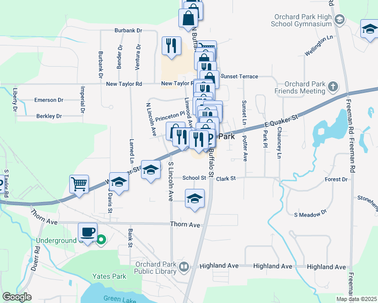 map of restaurants, bars, coffee shops, grocery stores, and more near 6435 West Quaker Street in Orchard Park