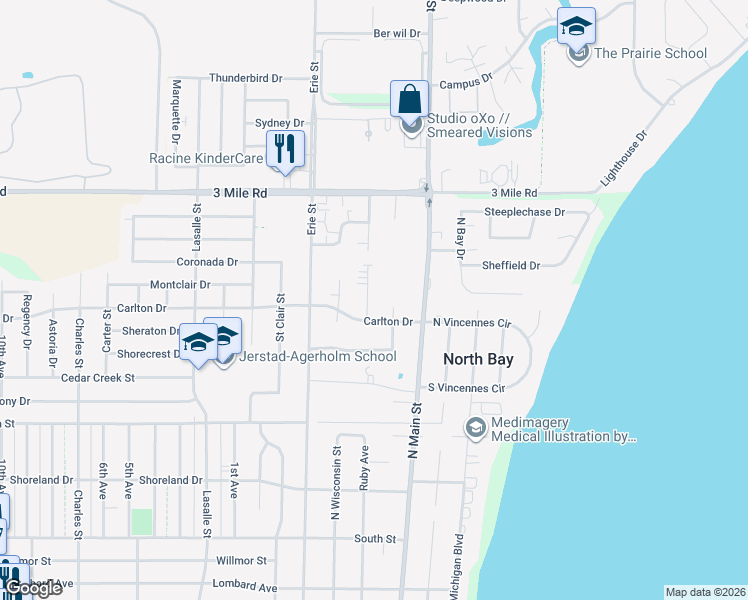 map of restaurants, bars, coffee shops, grocery stores, and more near 3723 Ruby Avenue in Racine