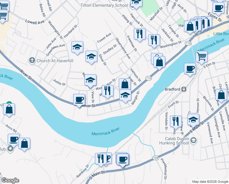 map of restaurants, bars, coffee shops, grocery stores, and more near 150 Wilson Street in Haverhill