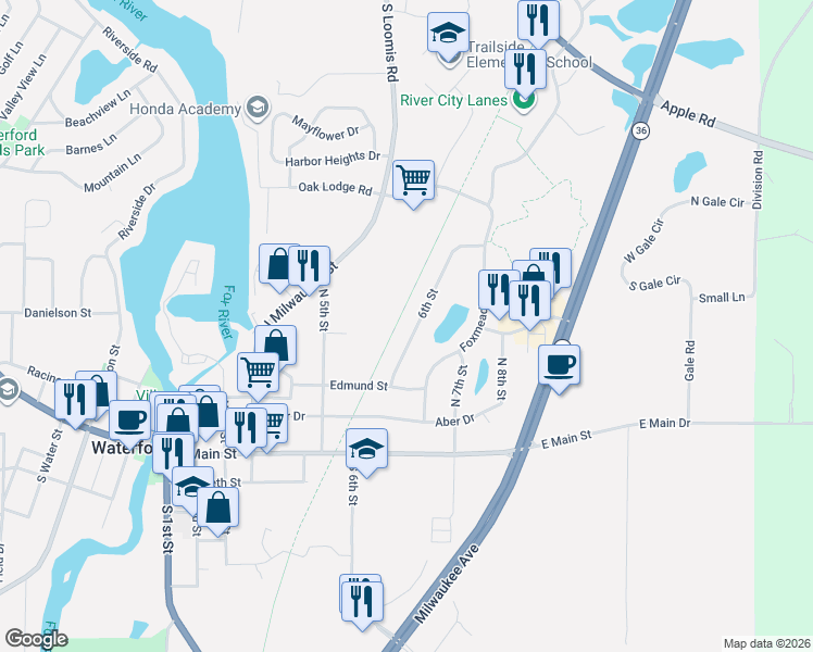 map of restaurants, bars, coffee shops, grocery stores, and more near 408 North 6th Street in Waterford