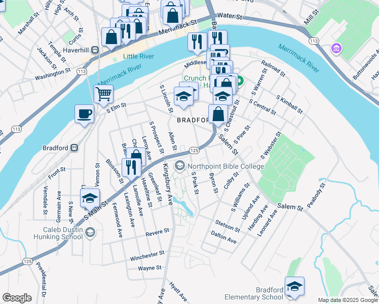map of restaurants, bars, coffee shops, grocery stores, and more near 300 South Main Street in Haverhill