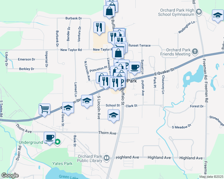 map of restaurants, bars, coffee shops, grocery stores, and more near 6435 W Quaker St in Orchard Park