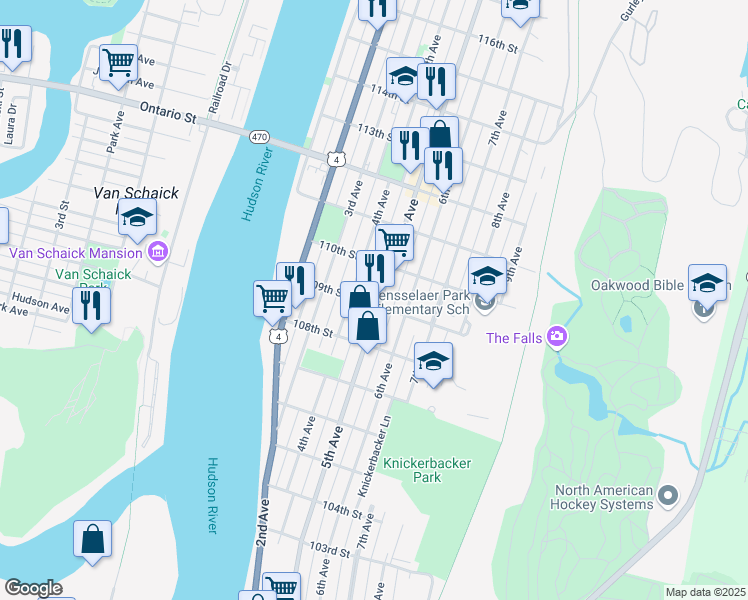 map of restaurants, bars, coffee shops, grocery stores, and more near 375 5th Avenue in Troy