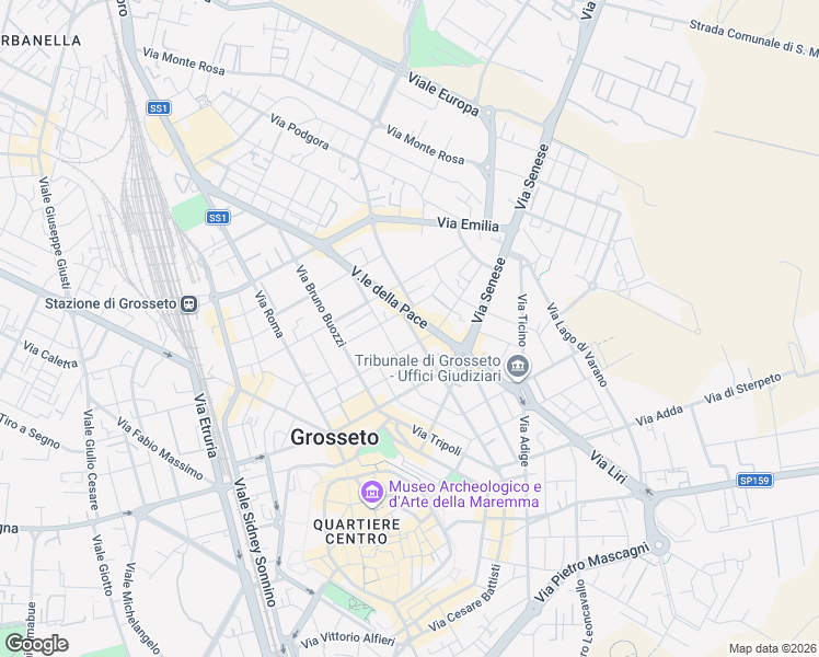map of restaurants, bars, coffee shops, grocery stores, and more near 66 Via Aquileia in Grosseto