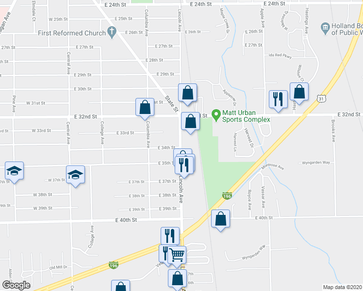 map of restaurants, bars, coffee shops, grocery stores, and more near 829 Lincoln Avenue in Holland