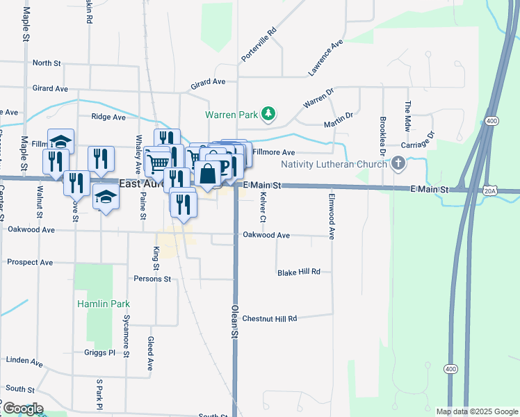 map of restaurants, bars, coffee shops, grocery stores, and more near 39 Kelver Court in East Aurora