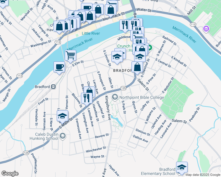 map of restaurants, bars, coffee shops, grocery stores, and more near 333 Massachusetts 125 in Haverhill