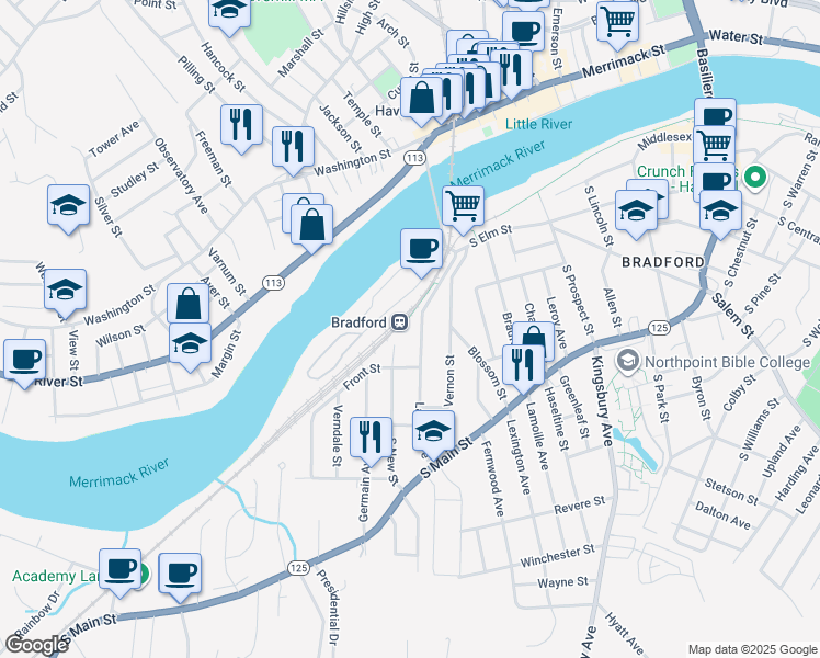 map of restaurants, bars, coffee shops, grocery stores, and more near 88 Laurel Avenue in Haverhill