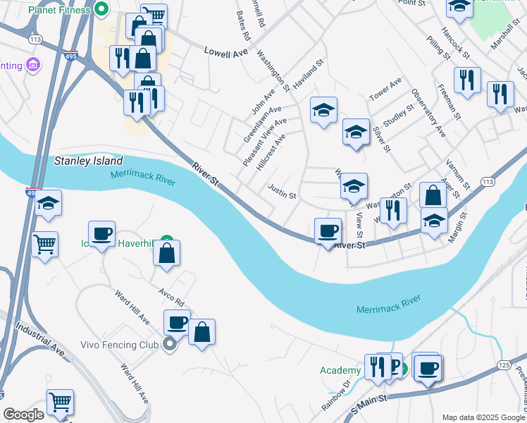 map of restaurants, bars, coffee shops, grocery stores, and more near 696 River Street in Haverhill
