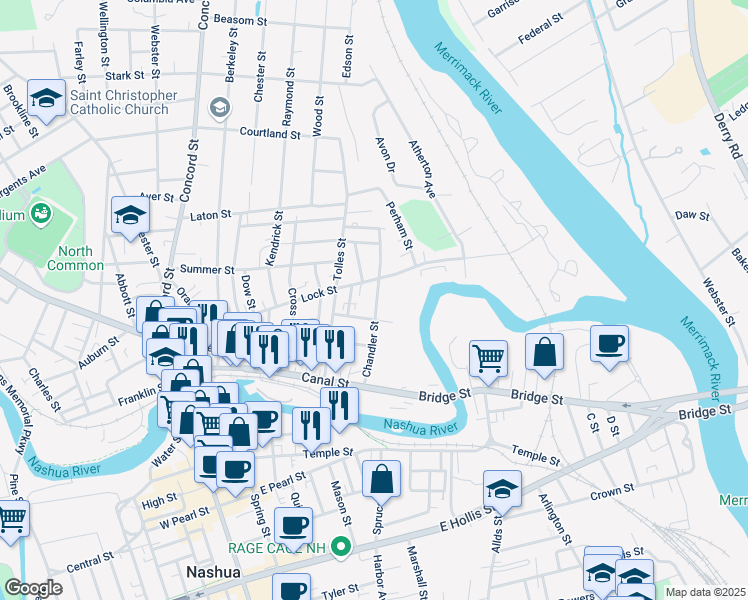 map of restaurants, bars, coffee shops, grocery stores, and more near 54 Chandler Street in Nashua