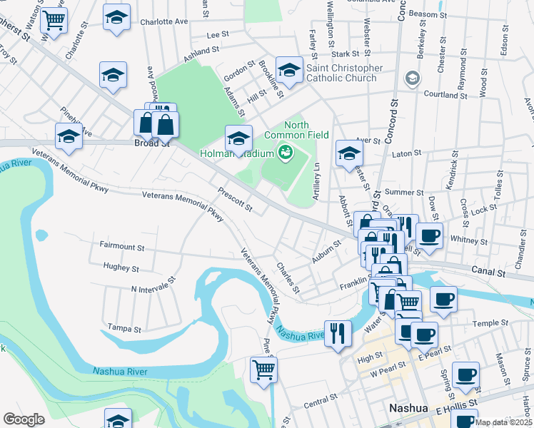 map of restaurants, bars, coffee shops, grocery stores, and more near 4 1/2 Bruce Street in Nashua