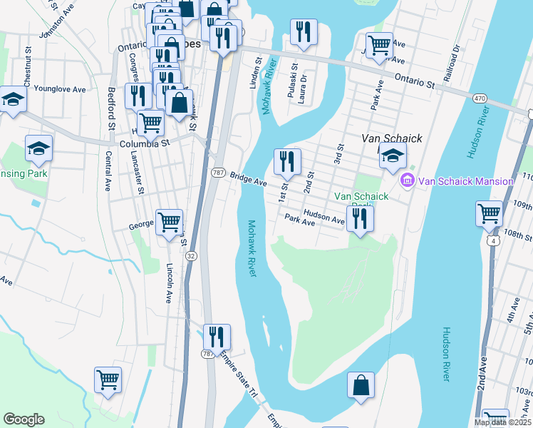 map of restaurants, bars, coffee shops, grocery stores, and more near 170 Maple Avenue in Cohoes