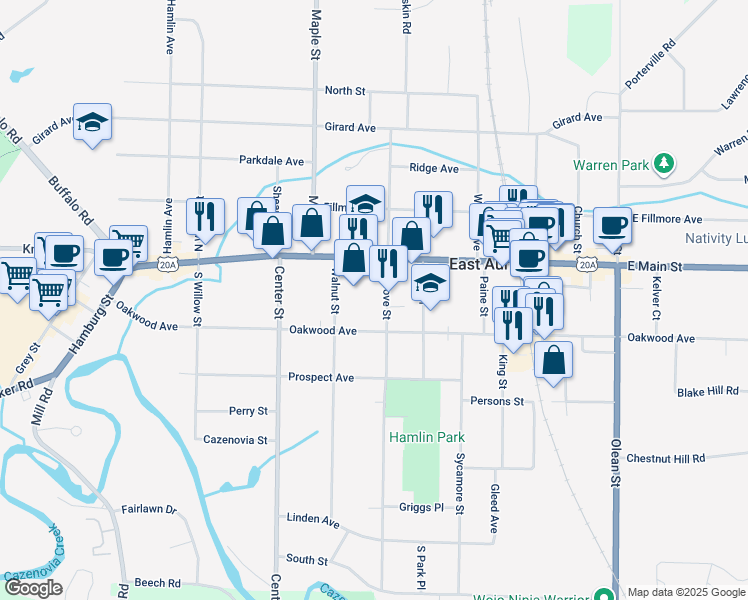 map of restaurants, bars, coffee shops, grocery stores, and more near 53 South Grove Street in East Aurora