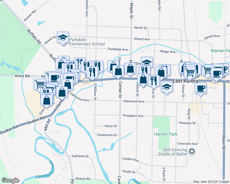 map of restaurants, bars, coffee shops, grocery stores, and more near 59 Center Street in East Aurora