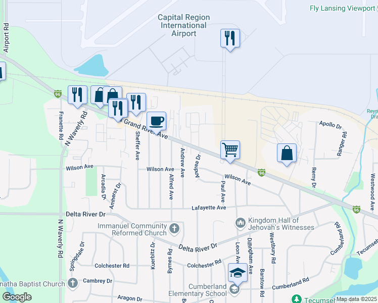 map of restaurants, bars, coffee shops, grocery stores, and more near 3226 Andrew Avenue in Lansing