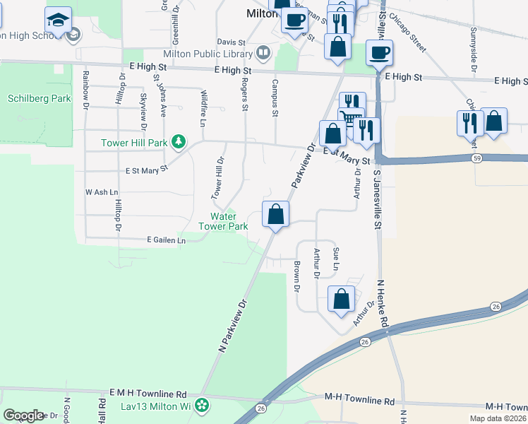map of restaurants, bars, coffee shops, grocery stores, and more near 423 Woodcrest Lane in Milton