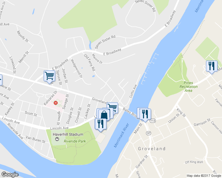 map of restaurants, bars, coffee shops, grocery stores, and more near 120 Old Ferry Road in Haverhill