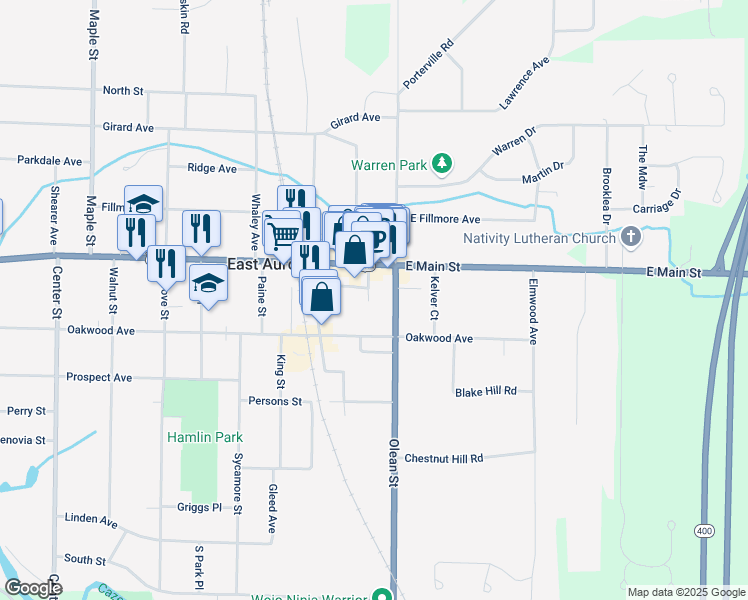 map of restaurants, bars, coffee shops, grocery stores, and more near 36 Temple Place in East Aurora