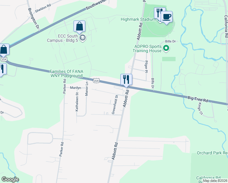 map of restaurants, bars, coffee shops, grocery stores, and more near 20 Penhurst Street in Orchard Park