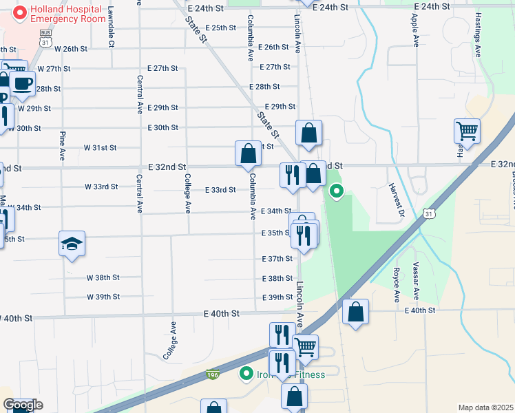 map of restaurants, bars, coffee shops, grocery stores, and more near 159 East 34th Street in Holland