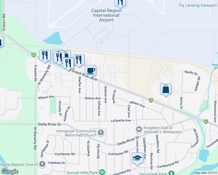 map of restaurants, bars, coffee shops, grocery stores, and more near 4515 North Grand River Avenue in Lansing