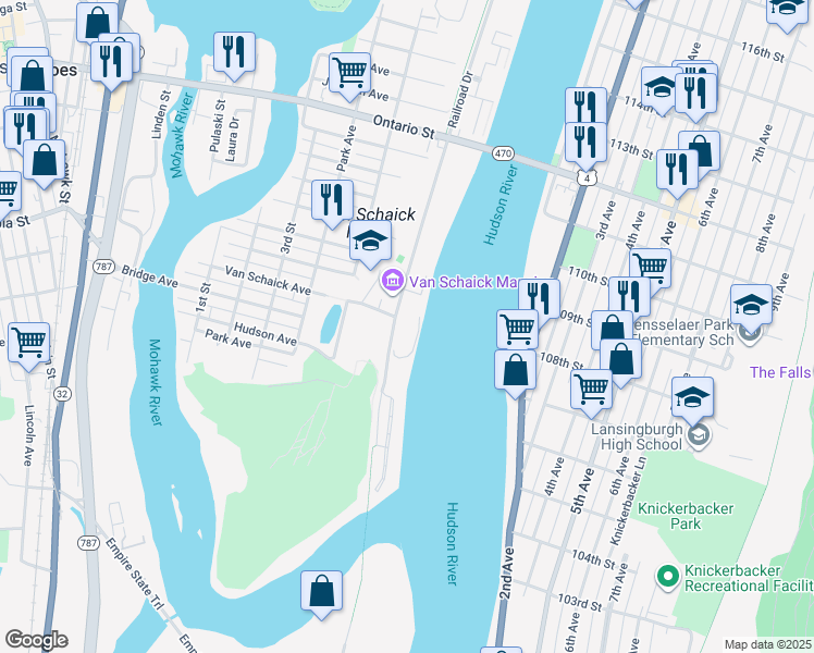 map of restaurants, bars, coffee shops, grocery stores, and more near 6 Delaware Avenue in Cohoes