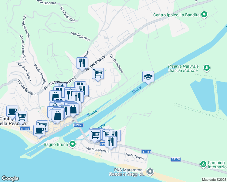 map of restaurants, bars, coffee shops, grocery stores, and more near 3 Via Orsa Maggiore in Castiglione della Pescaia