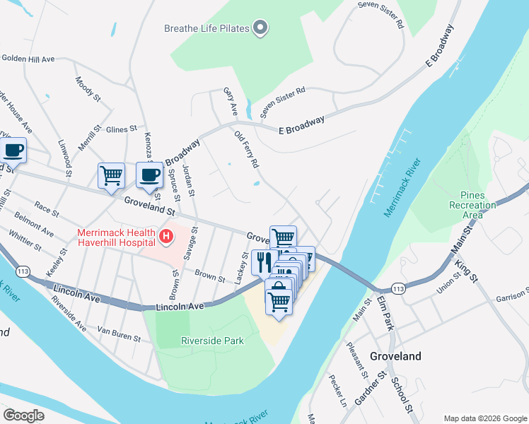 map of restaurants, bars, coffee shops, grocery stores, and more near 21 Wedgewood Drive in Haverhill