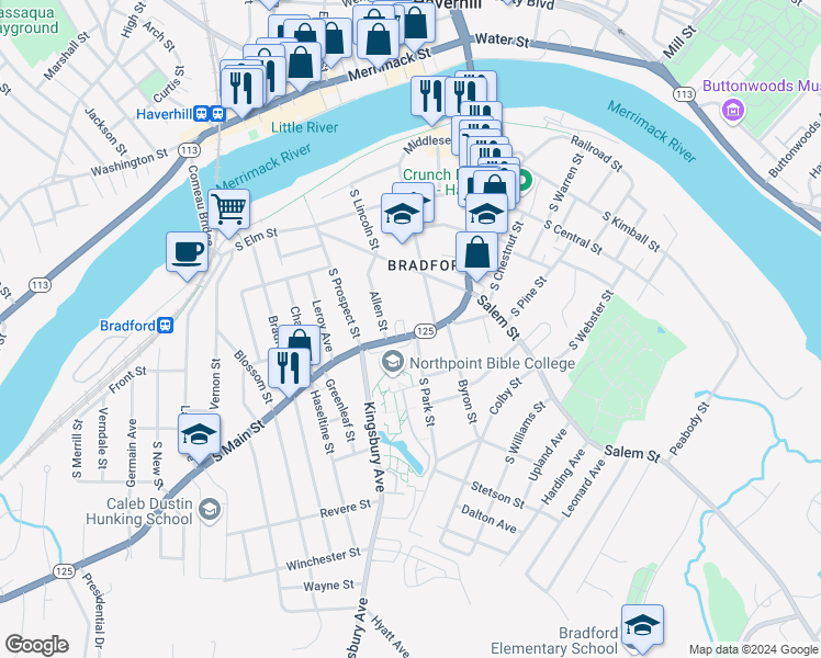 map of restaurants, bars, coffee shops, grocery stores, and more near 309 South Main Street in Haverhill
