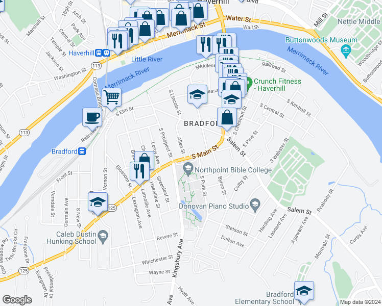 map of restaurants, bars, coffee shops, grocery stores, and more near 309 South Main Street in Haverhill