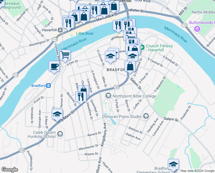 map of restaurants, bars, coffee shops, grocery stores, and more near 309 South Main Street in Haverhill