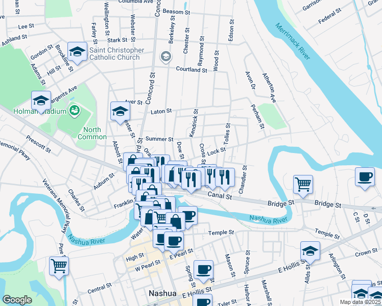 map of restaurants, bars, coffee shops, grocery stores, and more near 40 Lock Street in Nashua