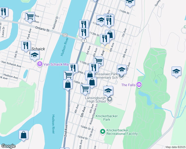 map of restaurants, bars, coffee shops, grocery stores, and more near 375 5th Avenue in Troy