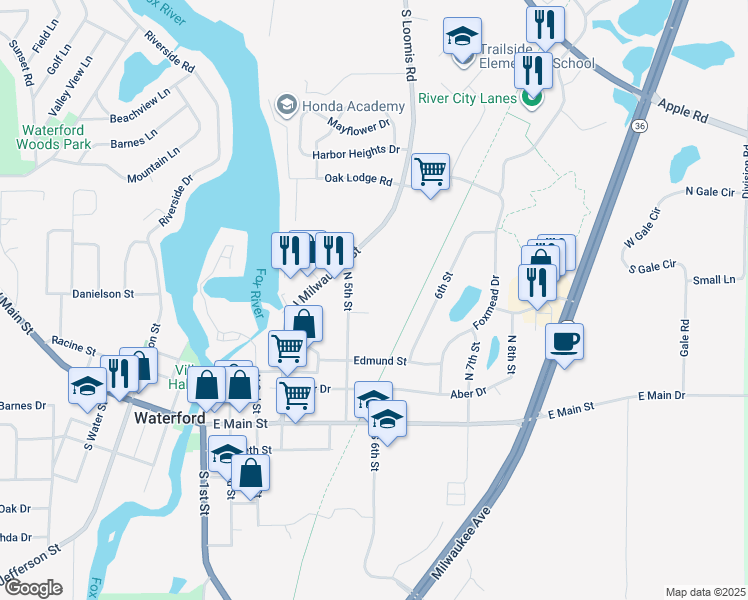 map of restaurants, bars, coffee shops, grocery stores, and more near 300-398 Meadowview Court in Waterford